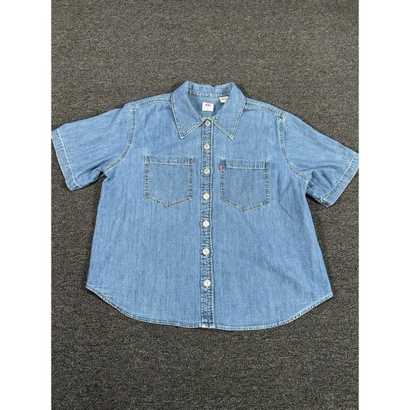 Levi's Denim Shirt Womens Medium Blue Metal Buttons Short Sleeve Western Rodeo - Picture 1 of 6